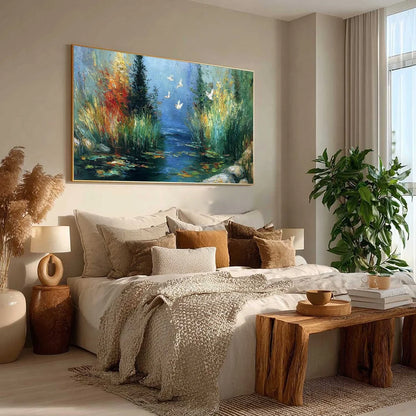 SERENE FLIGHT: Textured Impasto Landscape Painting of a River Sanctuary | multi-color palette, original oil on stretched canvas art