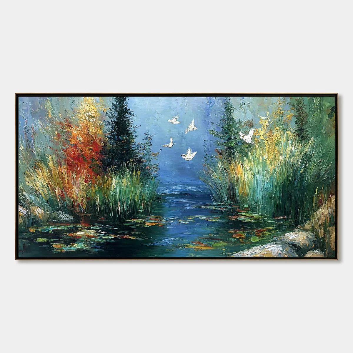 SERENE FLIGHT: Textured Impasto Landscape Painting of a River Sanctuary | hanging in living room, Landscape wall art