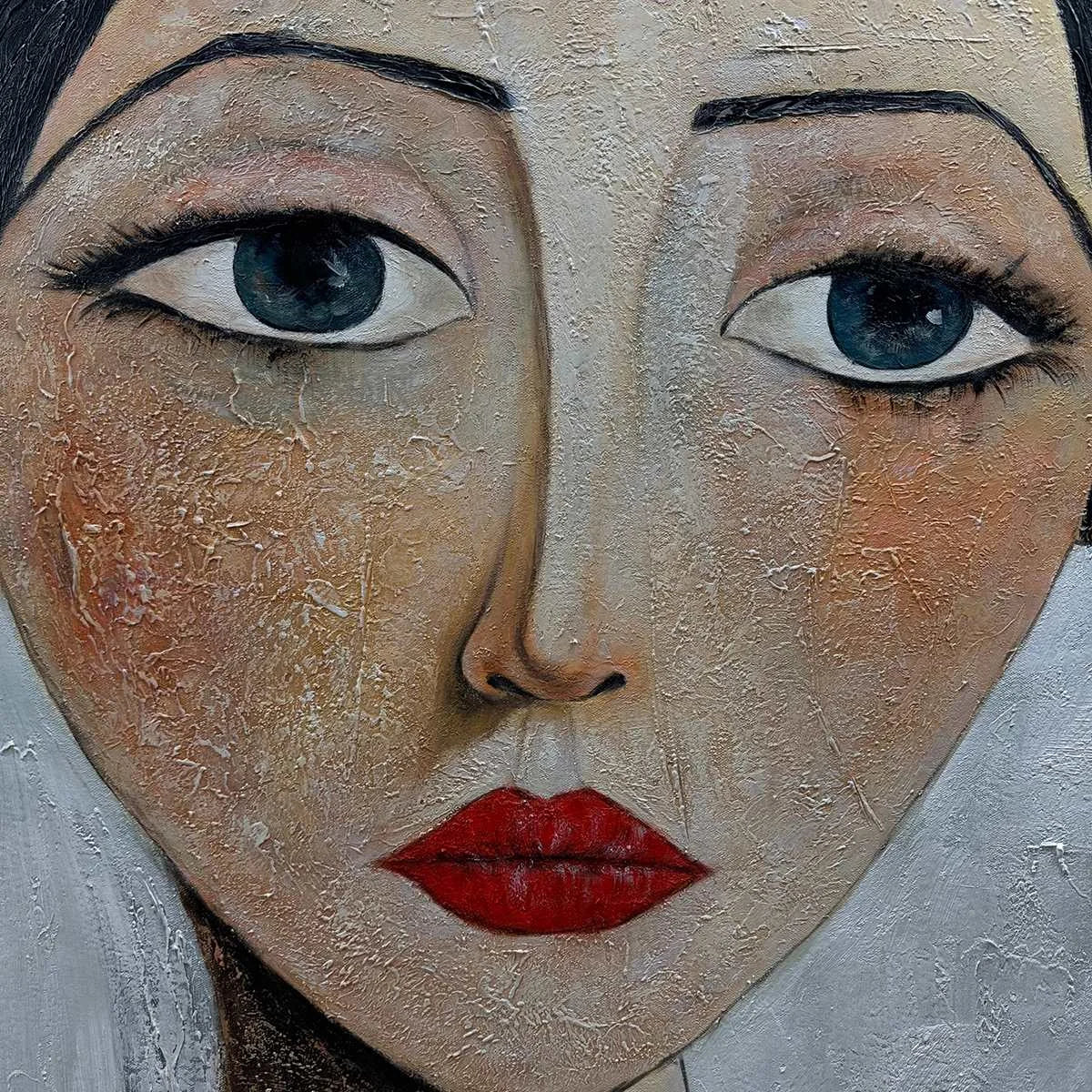 SERENE GAZE: Textured Figurative Portrait Oil Painting | rectangular format, hand-painted canvas edge