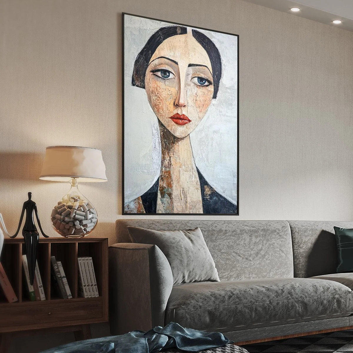 SERENE GAZE: Textured Figurative Portrait Oil Painting | gold frame stretched on neutral wall