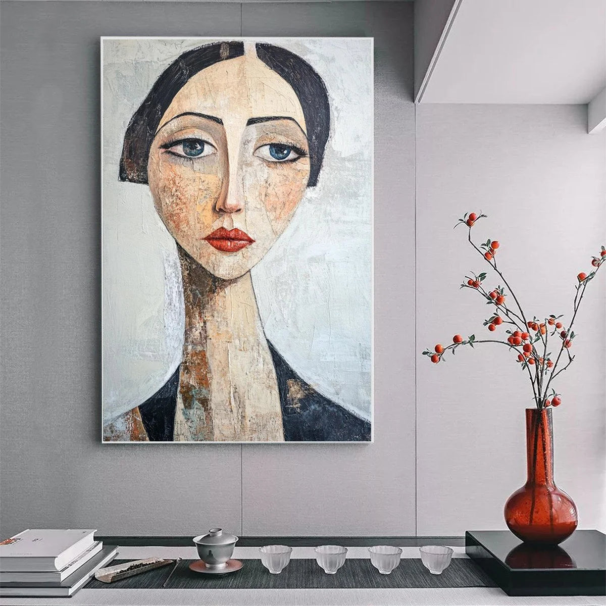 SERENE GAZE: Textured Figurative Portrait Oil Painting | black frame version on white wall