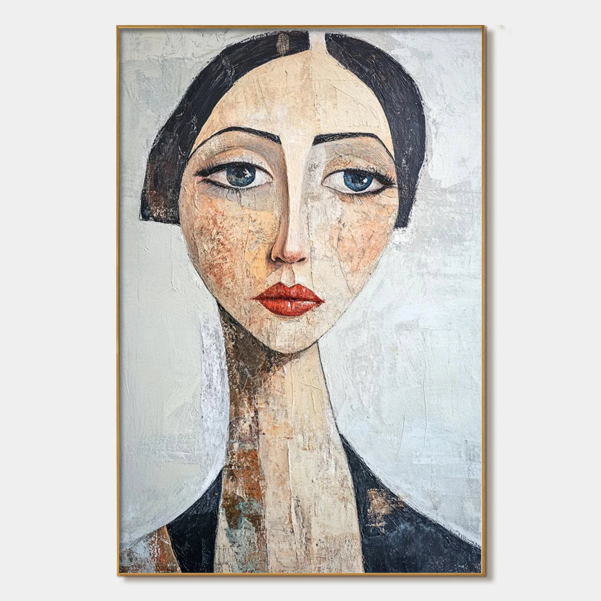 SERENE GAZE: Textured Figurative Portrait Oil Painting | hanging in living room, Figurative wall art