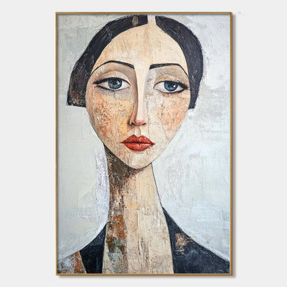 SERENE GAZE: Textured Figurative Portrait Oil Painting | hanging in living room, Figurative wall art