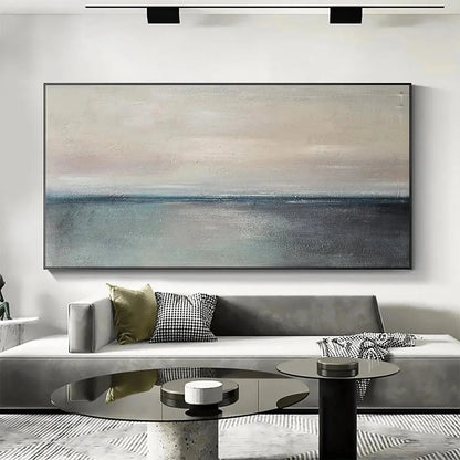 SERENE HORIZON: Panoramic Seascape Painting, Horizontal Wall Art | Abstract closeup, raised brushwork detail