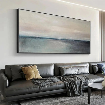 SERENE HORIZON: Panoramic Seascape Painting, Horizontal Wall Art | rectangular format, hand-painted canvas edge