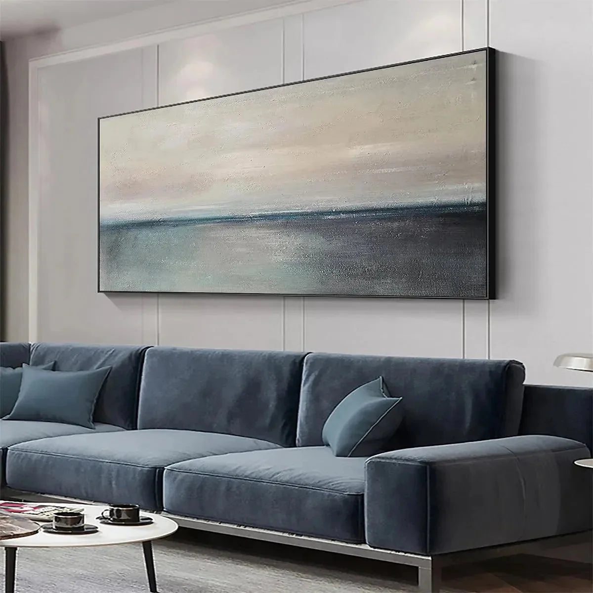 SERENE HORIZON: Panoramic Seascape Painting, Horizontal Wall Art | rolled canvas, ready for custom framing