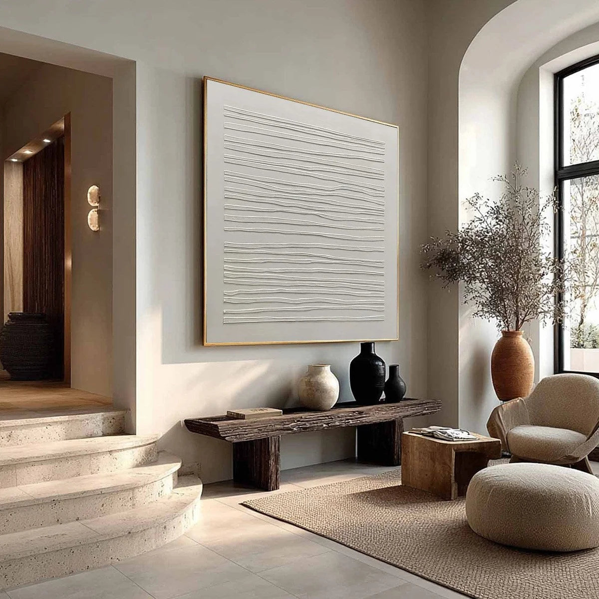 SERENE LINES: Minimalist Textured White Abstract Oil Painting | gold frame stretched on neutral wall