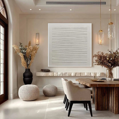 SERENE LINES: Minimalist Textured White Abstract Oil Painting | black frame version on white wall