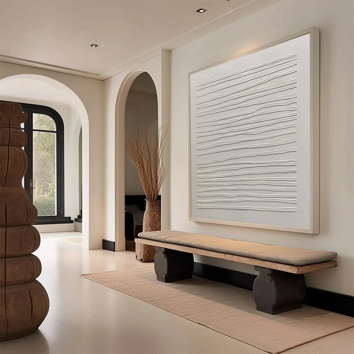 SERENE LINES: Minimalist Textured White Abstract Oil Painting | Minimalist mood, soft natural light studio shot
