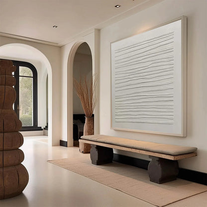 SERENE LINES: Minimalist Textured White Abstract Oil Painting | Minimalist mood, soft natural light studio shot