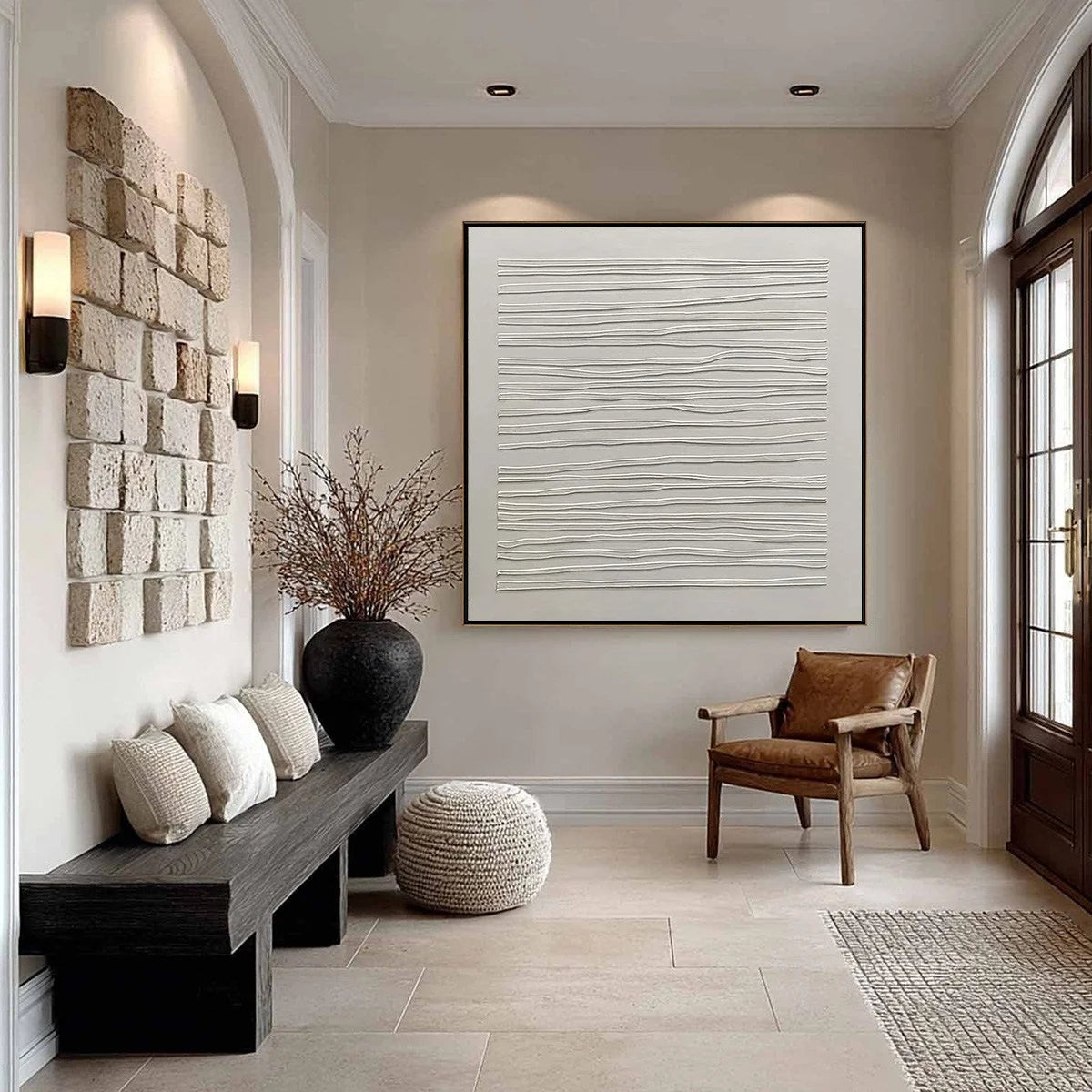 SERENE LINES: Minimalist Textured White Abstract Oil Painting | multi-color palette, original oil on stretched canvas art