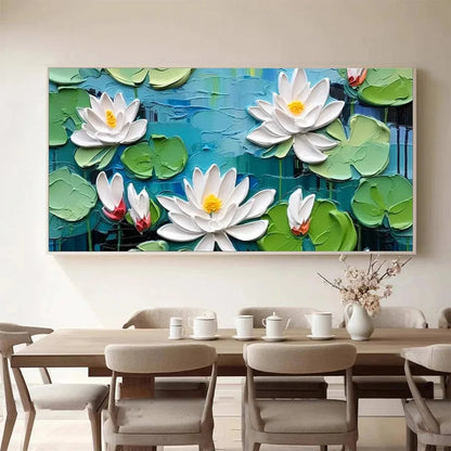 SERENE LOTUS POND: Textured Impasto Water Lilies Painting, Horizontal Wall Art | Abstract closeup, raised brushwork detail