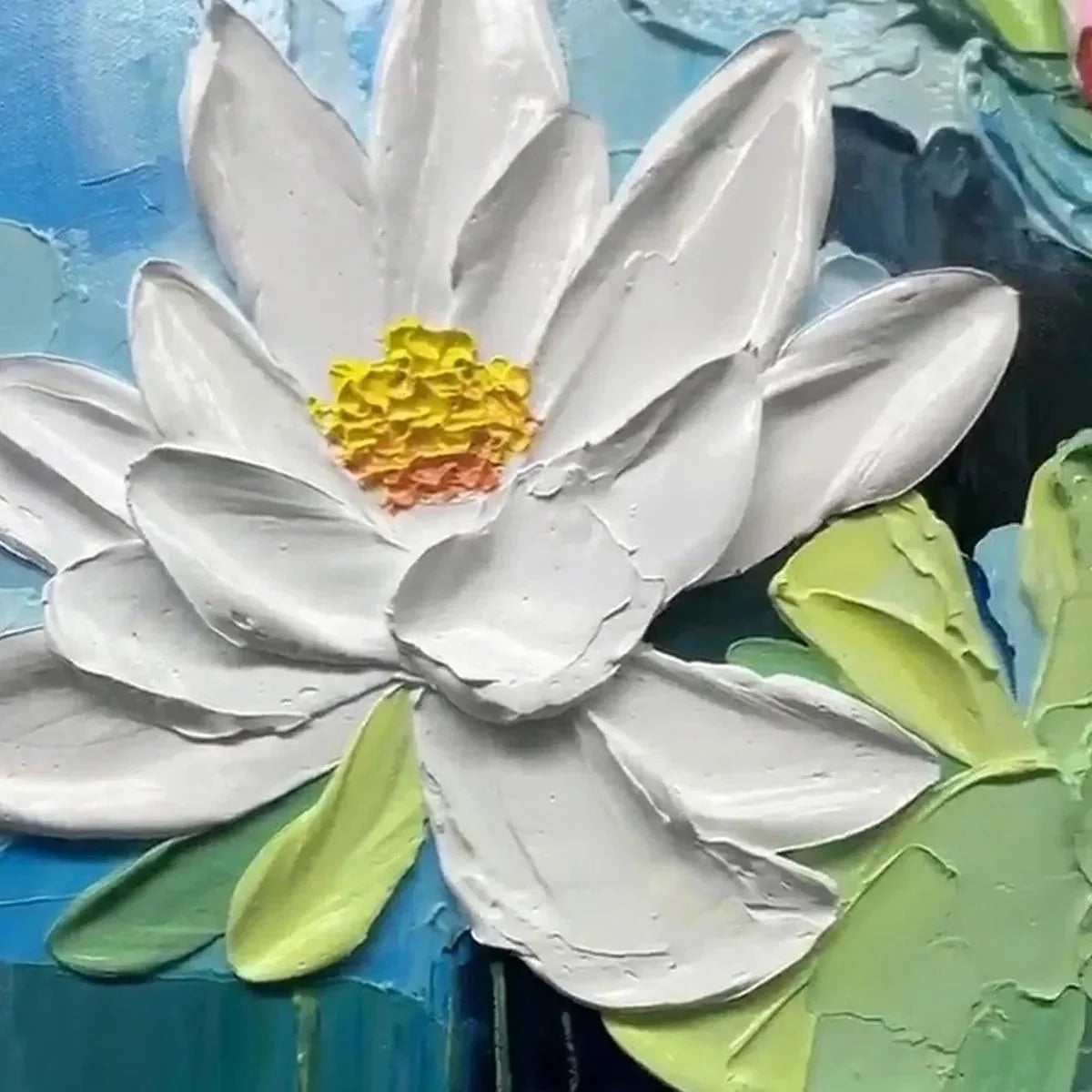 SERENE LOTUS POND: Textured Impasto Water Lilies Painting, Horizontal Wall Art | rectangular format, hand-painted canvas edge