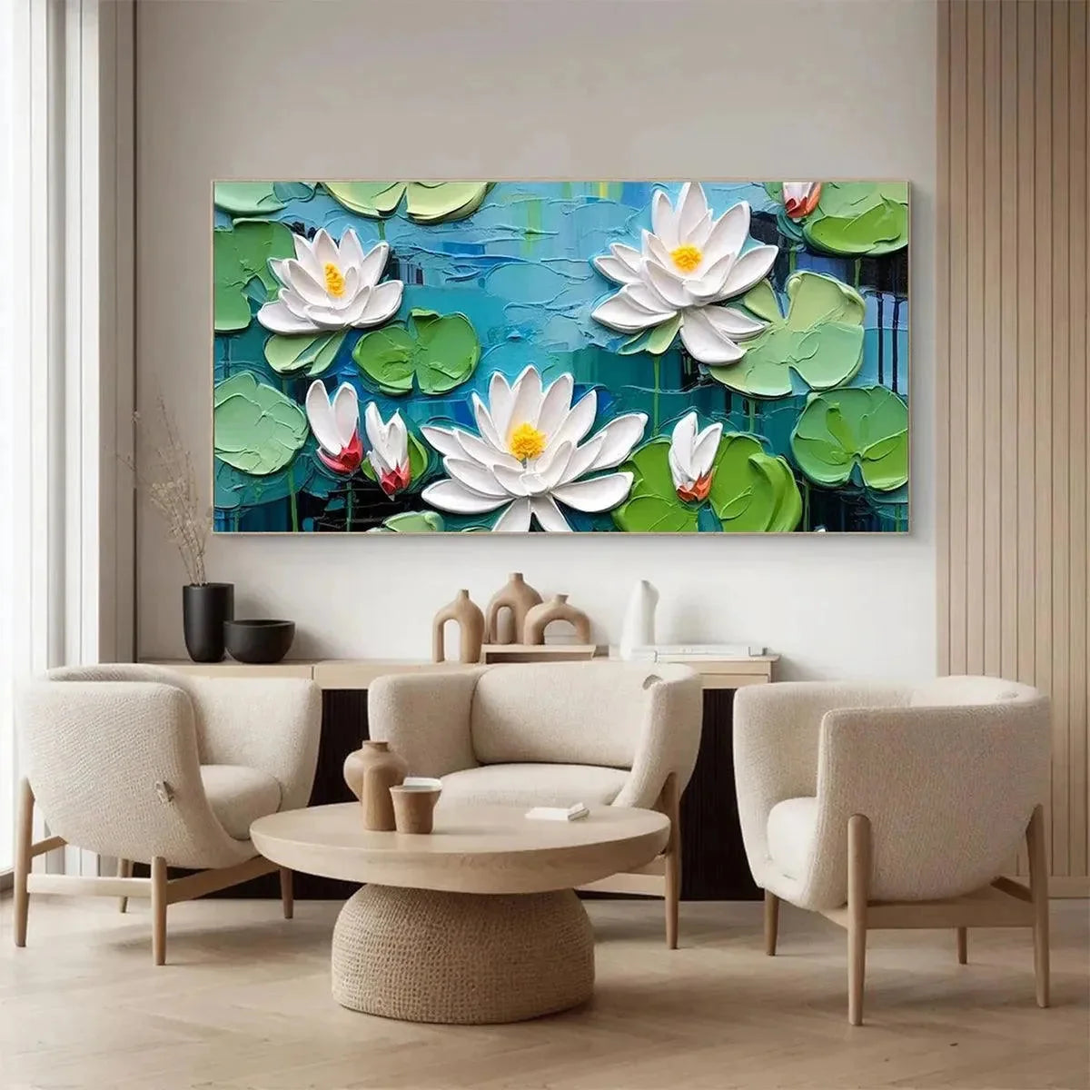 SERENE LOTUS POND: Textured Impasto Water Lilies Painting, Horizontal Wall Art | gold frame stretched on neutral wall