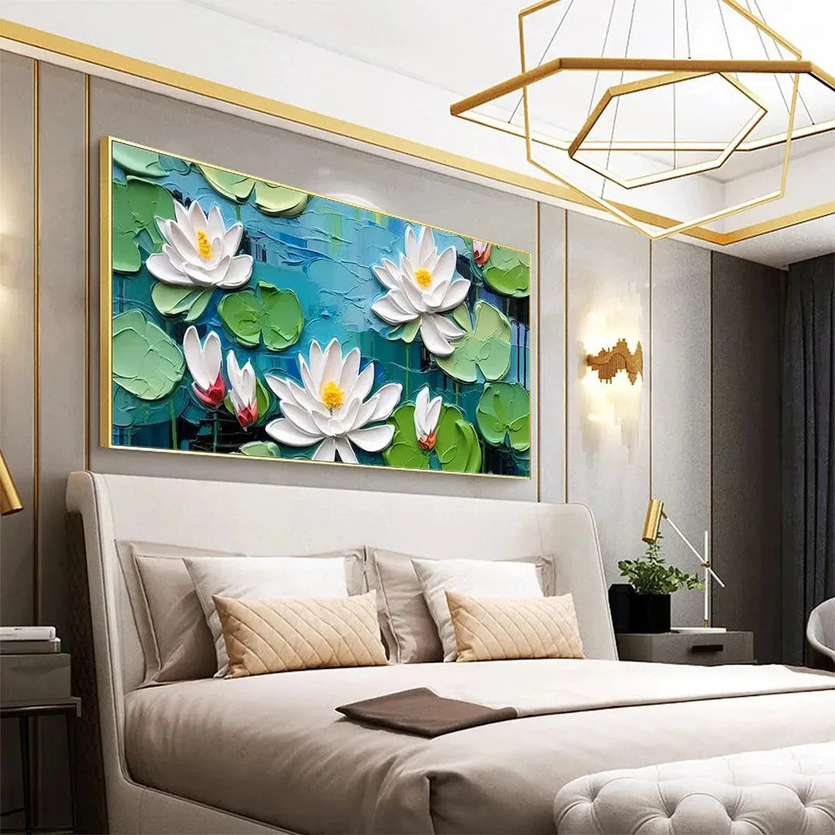 SERENE LOTUS POND: Textured Impasto Water Lilies Painting, Horizontal Wall Art | rolled canvas, ready for custom framing