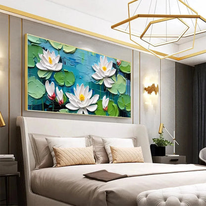 SERENE LOTUS POND: Textured Impasto Water Lilies Painting, Horizontal Wall Art | rolled canvas, ready for custom framing