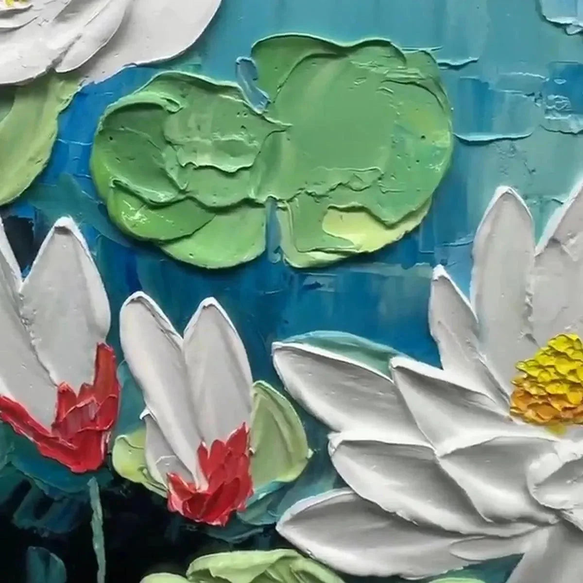 SERENE LOTUS POND: Textured Impasto Water Lilies Painting, Horizontal Wall Art | black frame version on white wall