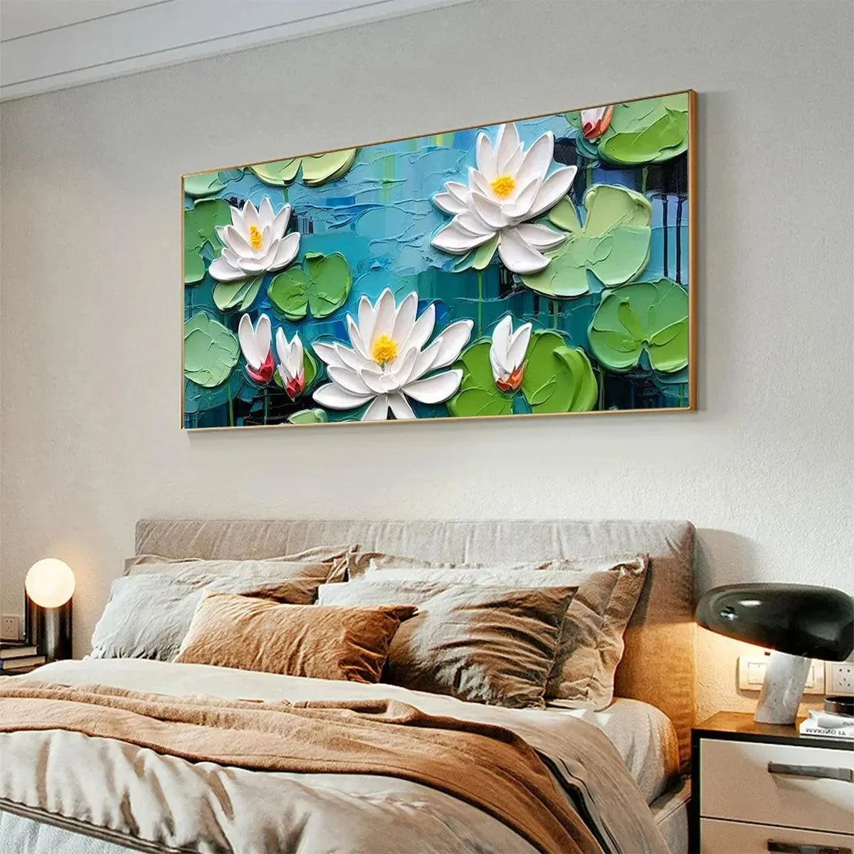 SERENE LOTUS POND: Textured Impasto Water Lilies Painting, Horizontal Wall Art | Abstract mood, soft natural light studio shot
