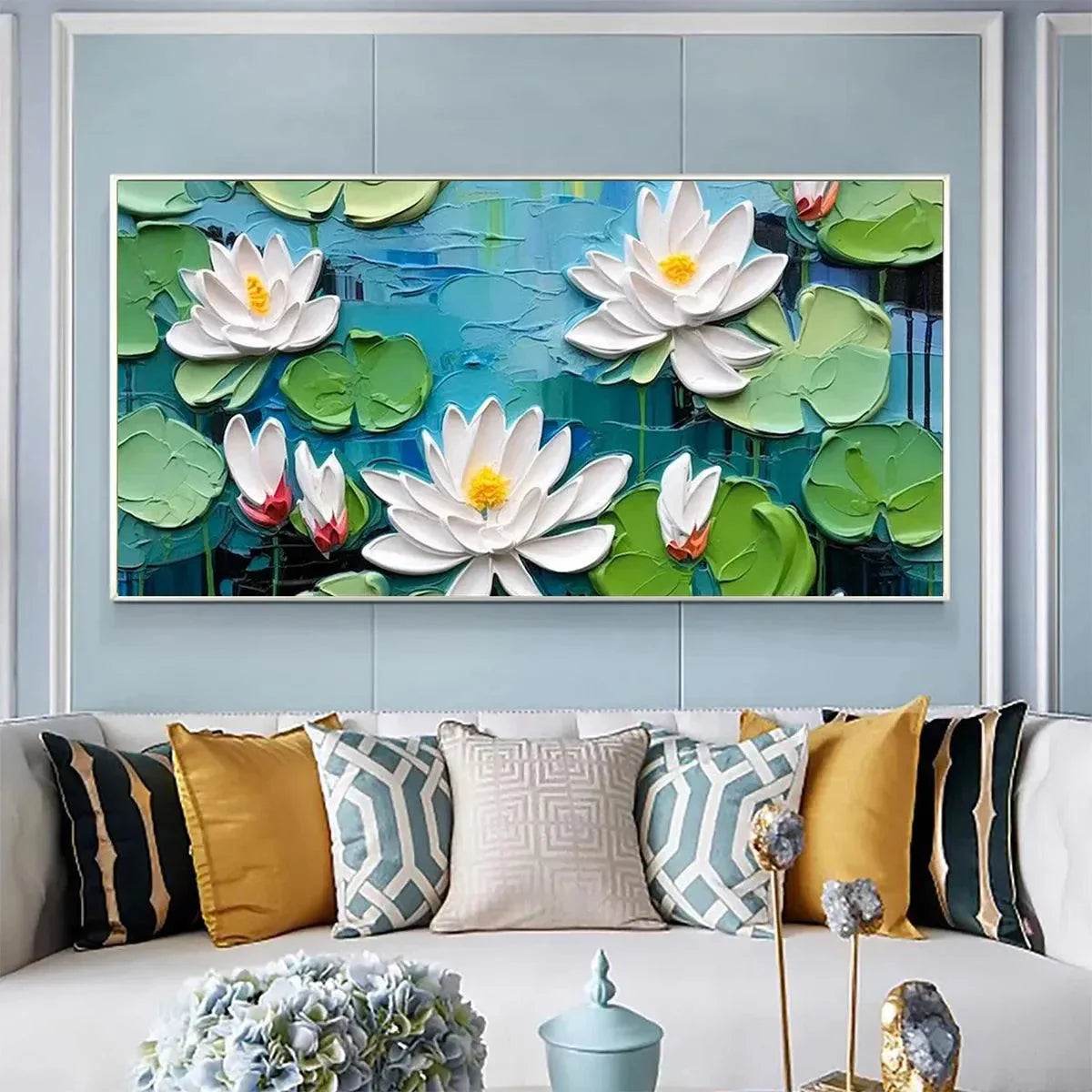 SERENE LOTUS POND: Textured Impasto Water Lilies Painting, Horizontal Wall Art | multi-color palette, original oil on stretched canvas art