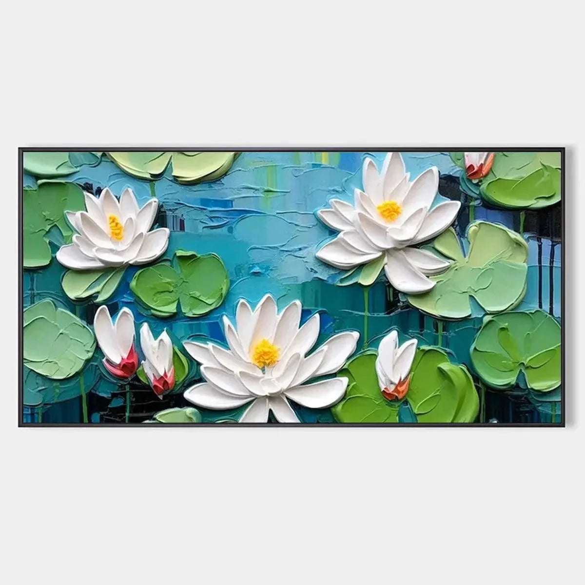 SERENE LOTUS POND: Textured Impasto Water Lilies Painting, Horizontal Wall Art | hanging in living room, Abstract wall art