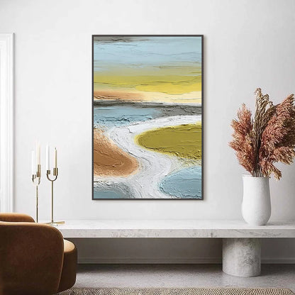 SERENE PATH: Textured Wabi-Sabi Abstract River Landscape | Abstract closeup, raised brushwork detail