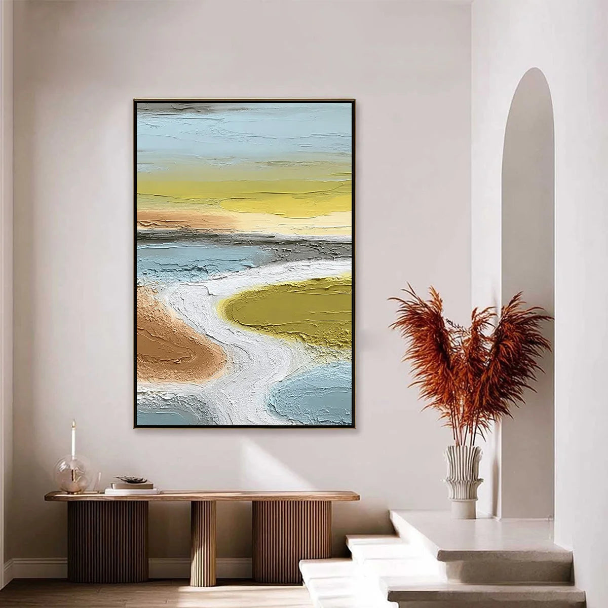 SERENE PATH: Textured Wabi-Sabi Abstract River Landscape | gold frame stretched on neutral wall