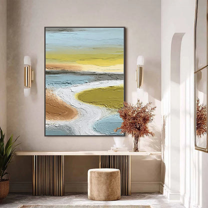 SERENE PATH: Textured Wabi-Sabi Abstract River Landscape | black frame version on white wall