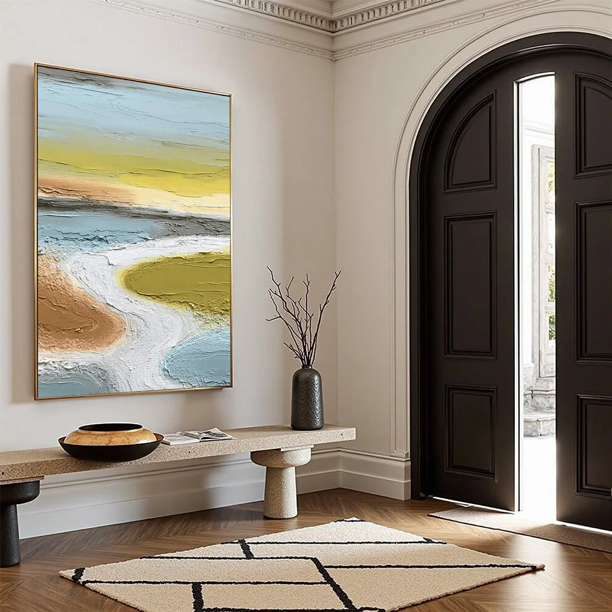 SERENE PATH: Textured Wabi-Sabi Abstract River Landscape | multi-color palette, original oil on stretched canvas art