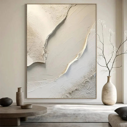 SERENE PATHWAYS: Minimalist Beige Textured Impasto Oil Painting | Minimalist closeup, raised brushwork detail