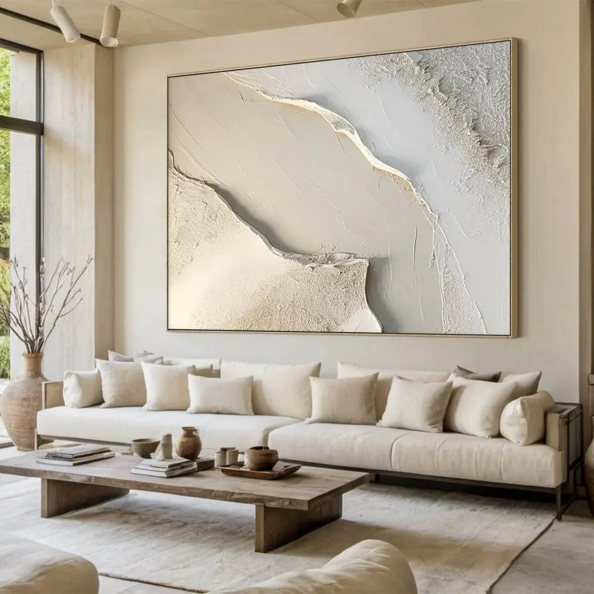 SERENE PATHWAYS: Minimalist Beige Textured Impasto Oil Painting | gold frame stretched on neutral wall