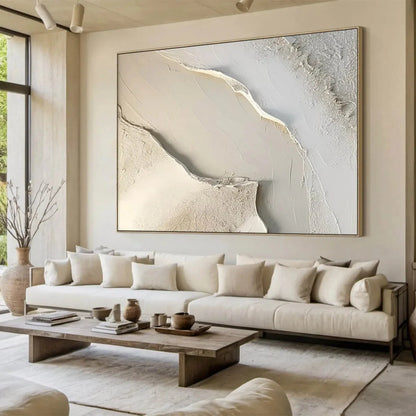 SERENE PATHWAYS: Minimalist Beige Textured Impasto Oil Painting | gold frame stretched on neutral wall