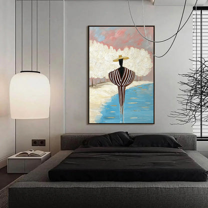 SERENE REFLECTION: Textured Figurative Painting of a Person by the Water | gold frame stretched on neutral wall