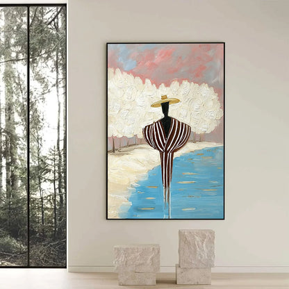 SERENE REFLECTION: Textured Figurative Painting of a Person by the Water | black frame version on white wall