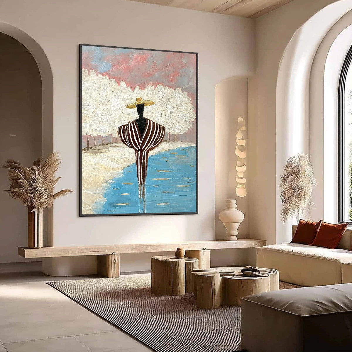 SERENE REFLECTION: Textured Figurative Painting of a Person by the Water | Figurative mood, soft natural light studio shot