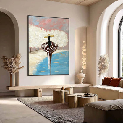 SERENE REFLECTION: Textured Figurative Painting of a Person by the Water | Figurative mood, soft natural light studio shot