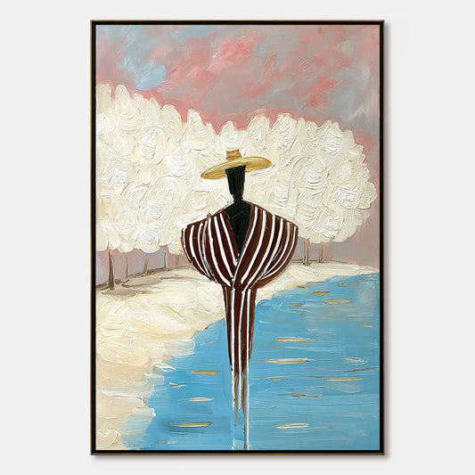 SERENE REFLECTION: Textured Figurative Painting of a Person by the Water | hanging in living room, Figurative wall art