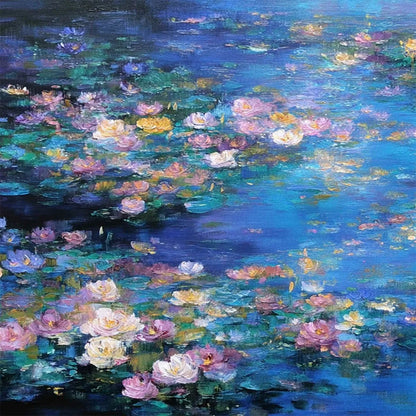 SERENE REFLECTIONS: Impressionistic Textured Water Lily Pond Oil Painting | rectangular format, hand-painted canvas edge