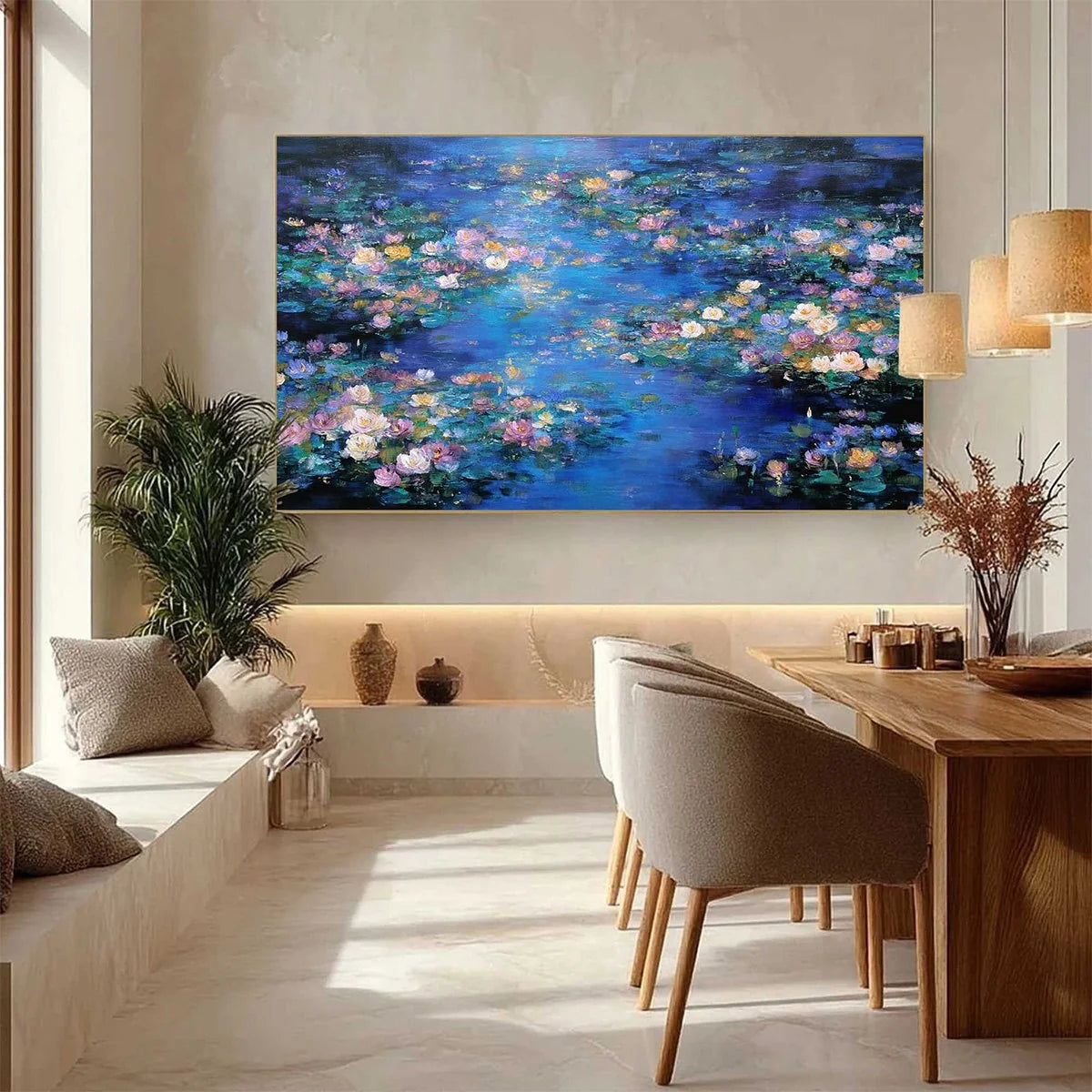 SERENE REFLECTIONS: Impressionistic Textured Water Lily Pond Oil Painting | gold frame stretched on neutral wall