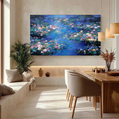 SERENE REFLECTIONS: Impressionistic Textured Water Lily Pond Oil Painting | gold frame stretched on neutral wall
