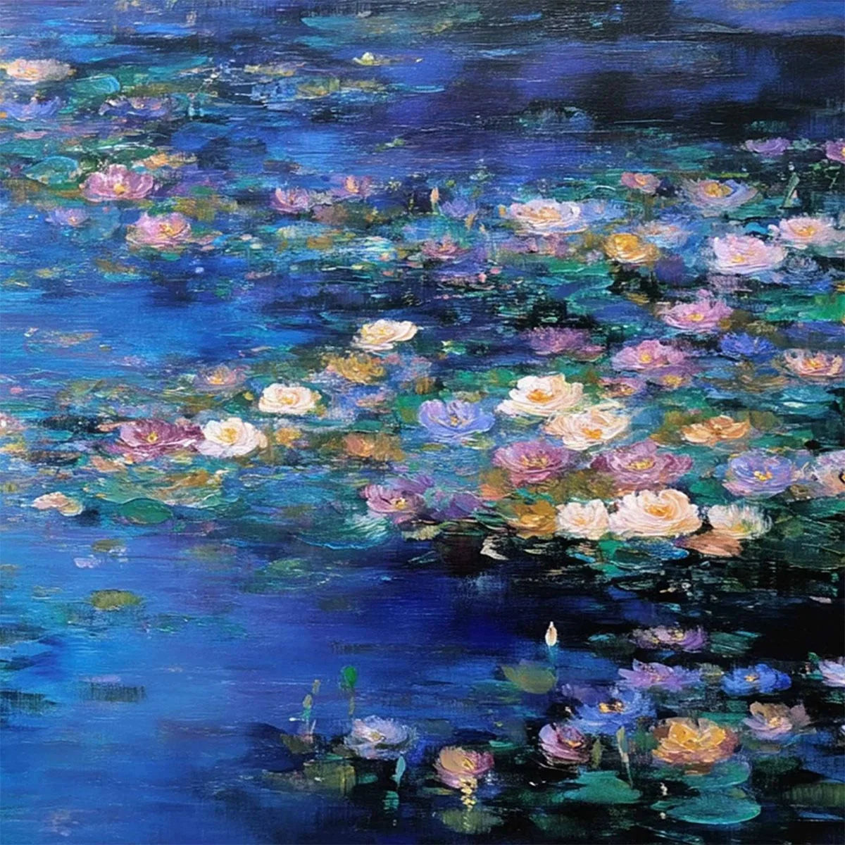 SERENE REFLECTIONS: Impressionistic Textured Water Lily Pond Oil Painting | rolled canvas, ready for custom framing