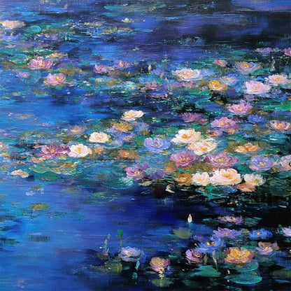 SERENE REFLECTIONS: Impressionistic Textured Water Lily Pond Oil Painting | rolled canvas, ready for custom framing