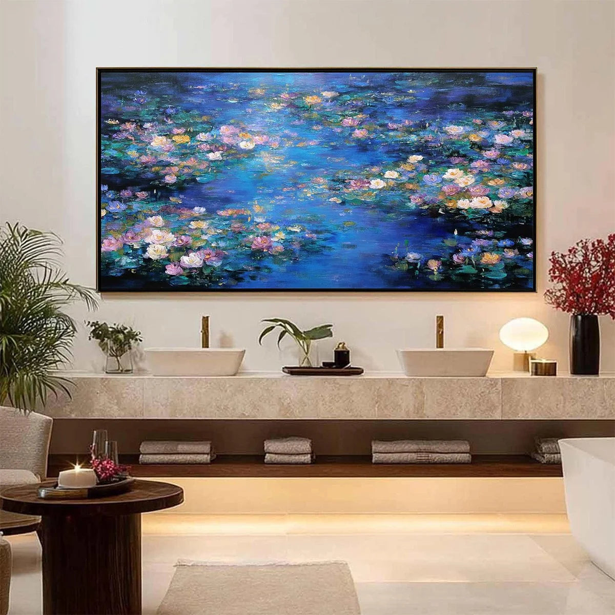 SERENE REFLECTIONS: Impressionistic Textured Water Lily Pond Oil Painting | black frame version on white wall