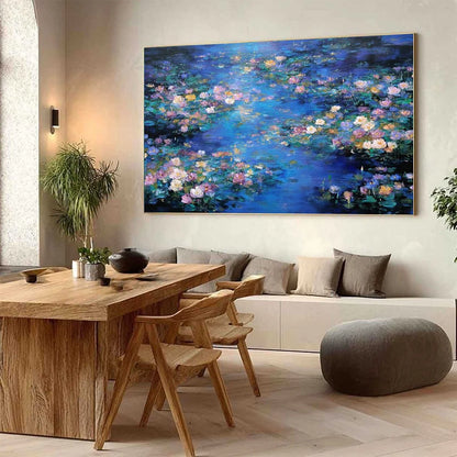 SERENE REFLECTIONS: Impressionistic Textured Water Lily Pond Oil Painting | Impressionist mood, soft natural light studio shot