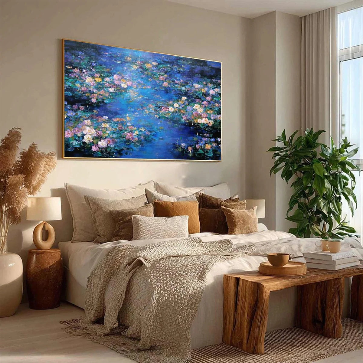 SERENE REFLECTIONS: Impressionistic Textured Water Lily Pond Oil Painting | multi-color palette, original oil on stretched canvas art