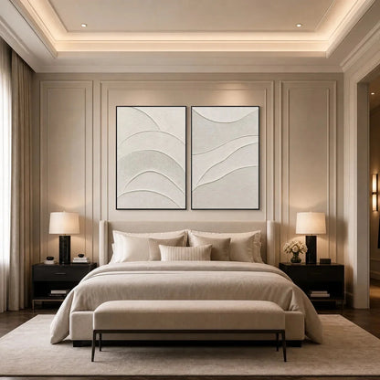 SERENE RHYTHM: Minimalist Textured Wabi Sabi Wall Art Set | Minimalist closeup, raised brushwork detail