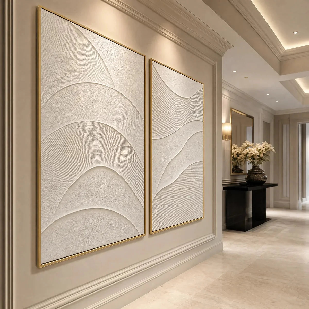 SERENE RHYTHM: Minimalist Textured Wabi Sabi Wall Art Set | gold frame stretched on neutral wall
