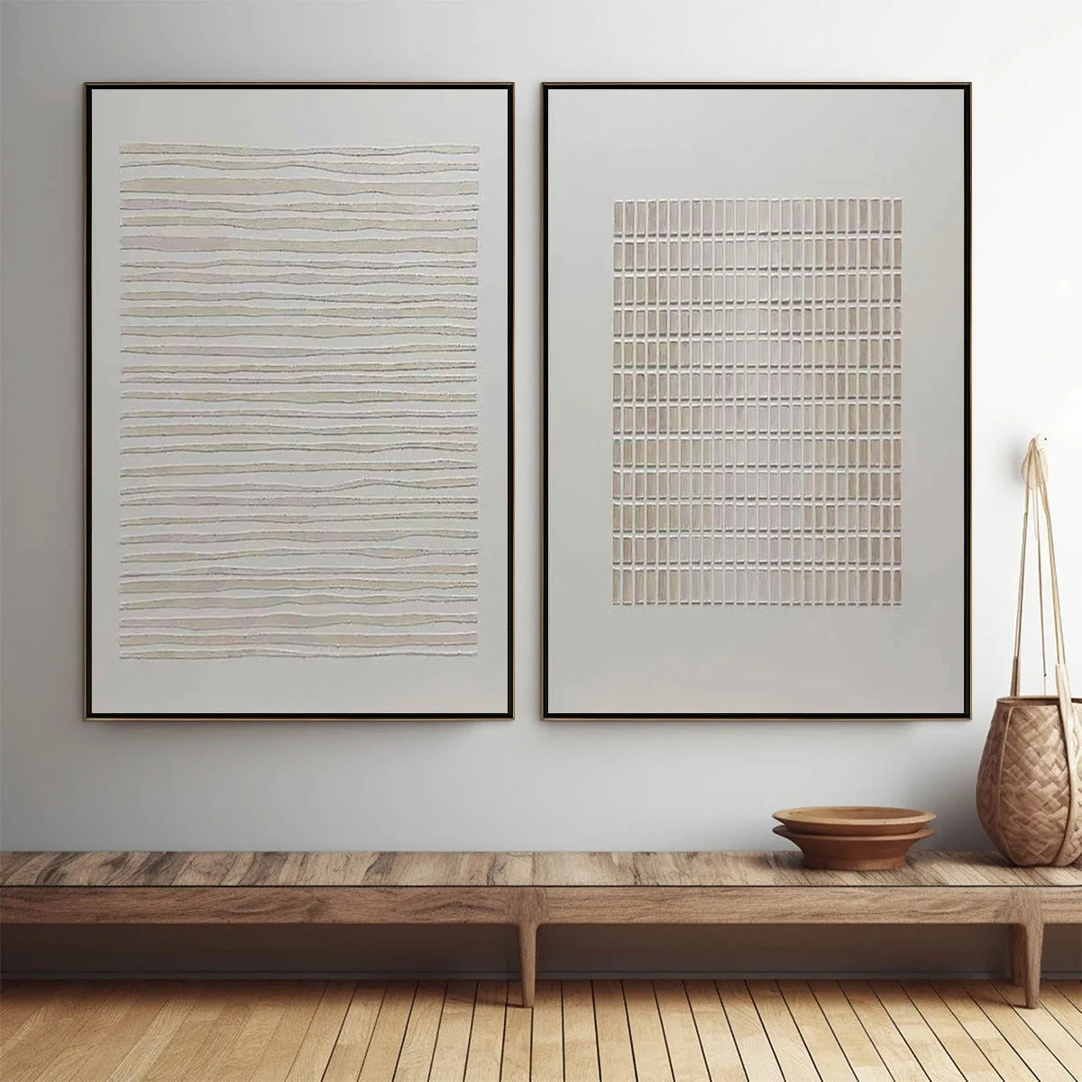 SERENE RHYTHMS: Textured Minimalist Abstract Diptych | Minimalist closeup, raised brushwork detail