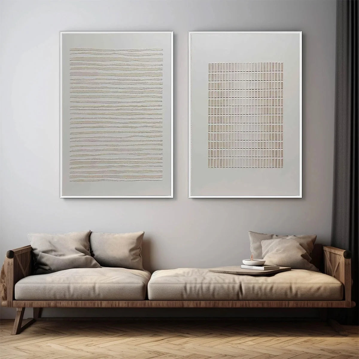 SERENE RHYTHMS: Textured Minimalist Abstract Diptych | gold frame stretched on neutral wall