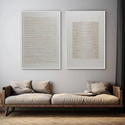 SERENE RHYTHMS: Textured Minimalist Abstract Diptych | gold frame stretched on neutral wall