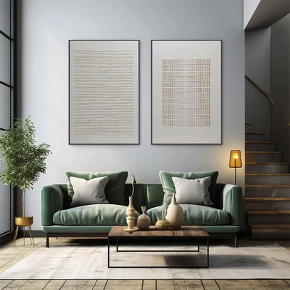 SERENE RHYTHMS: Textured Minimalist Abstract Diptych | black frame version on white wall